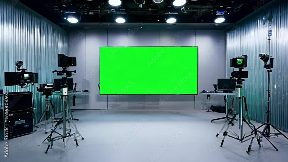 Production Studio with Green Screen: A modern production studio, complete with professional camera equipment and a large green screen, ready to be used.