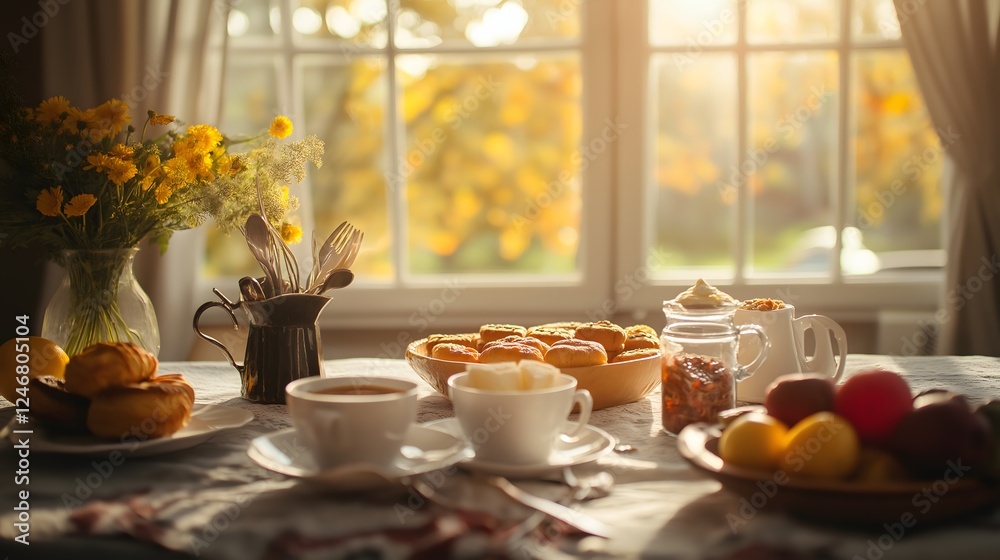 custom made wallpaper toronto digitalWarm Sunlight Illuminating Breakfast Still Life with Pastries and Coffee