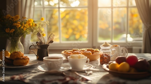 Wallpaper Mural Warm Sunlight Illuminating Breakfast Still Life with Pastries and Coffee Torontodigital.ca