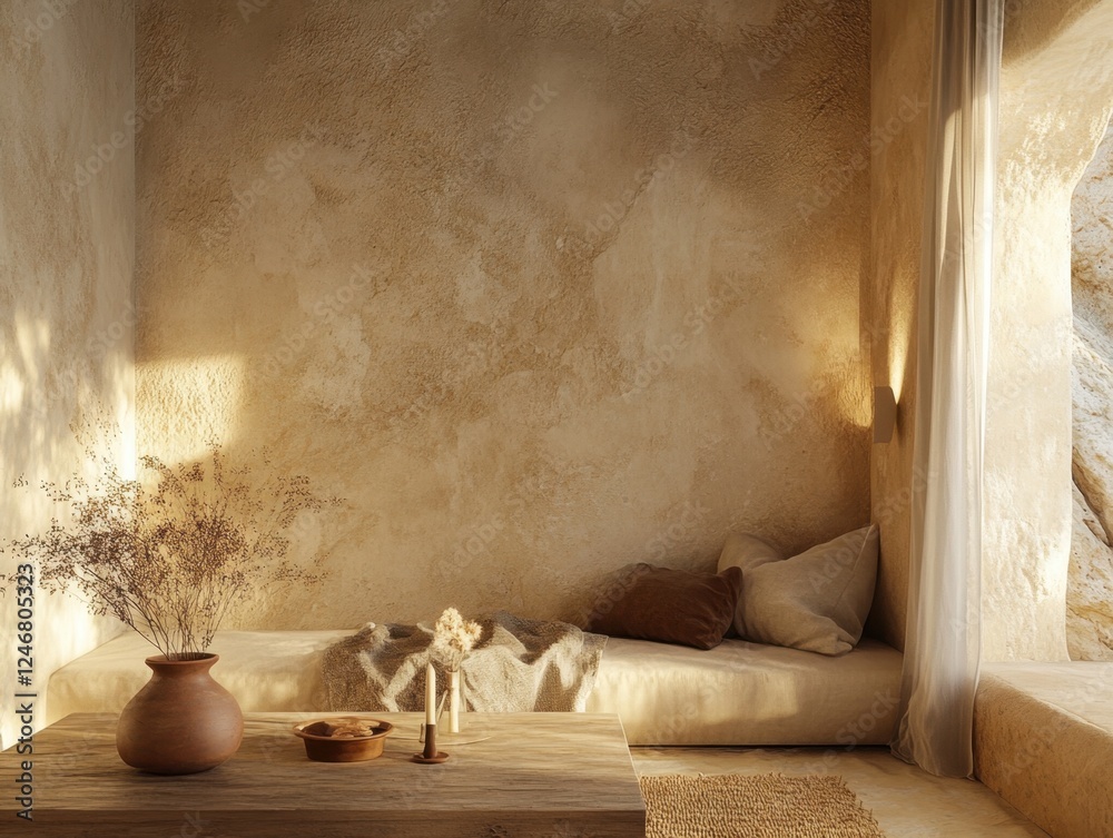 Fototapeta premium A small room with a tan wall and a white curtain
