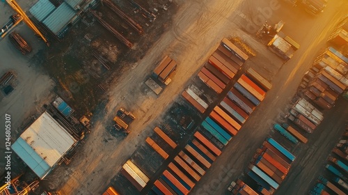 Aerial view of container yard with shipping containers of different sizes, logistics. photo