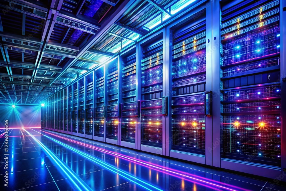 Obraz premium Long Exposure of Glowing Servers in a Modern Data Center