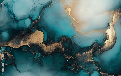 Abstract fluid art with teal, turquoise, and gold elements, flowing and blending together