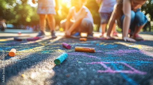 Children drawing colorful chalk art on asphalt pavement outdoors during summer.
