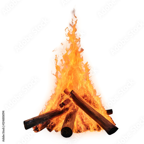 Cozy Bonfire with Glowing Flames, Isolated on White Background