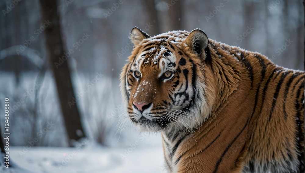 Obraz premium Usuri tiger standing on a forest path in winter close-up
