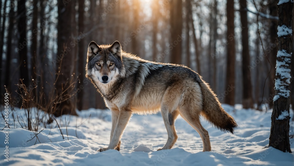 Naklejka premium wolf standing on a forest path in winter close-up