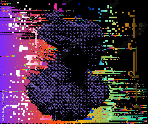 Distorted and glitched silhouette of a human face on a dark background with neon colored pixels. Conceptual vector illustration on the themes of artificial intelligence and internet identity.