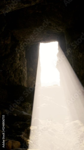 Ray of light breaks through the darkness of a tomb, symbolize the triumph of life over death. Ideal for projects seeking a sense of hope, redemption, and spiritual victory.