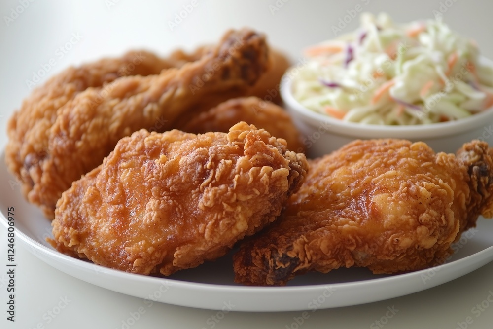 Crispy fried chicken with coleslaw on white plate. Crispy fried chicken with coleslaw on white plate.