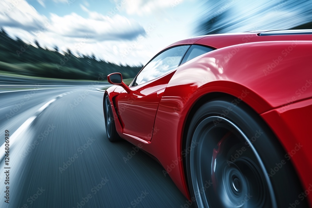A red sports car speeding on highway. A red sports car speeding on highway.