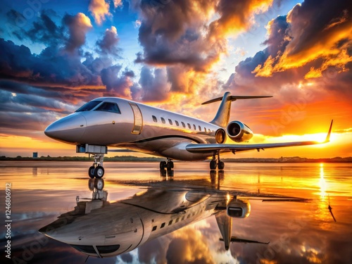 Architectural photography captures the Embraer ERJ-145's beauty against a vibrant airport sunset. photo