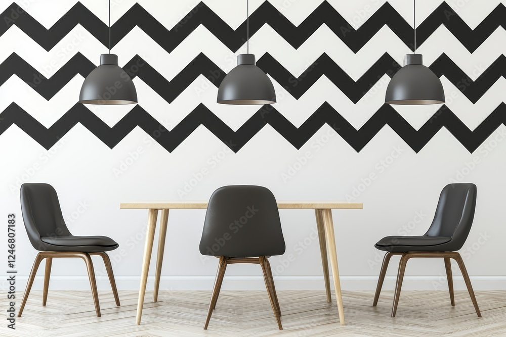 Fototapeta premium Stylish meeting room featuring contemporary pendant lights, soft leather chairs, and a bold chevron wall pattern, flooded with natural light