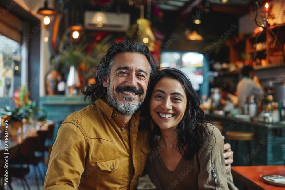 Portrait of a joyful couple in their 30s wearing a versatile buff in front of bustling restaurant background Portrait of a joyful couple in their 30s wearing a versatile buff in front of bustling restaurant background