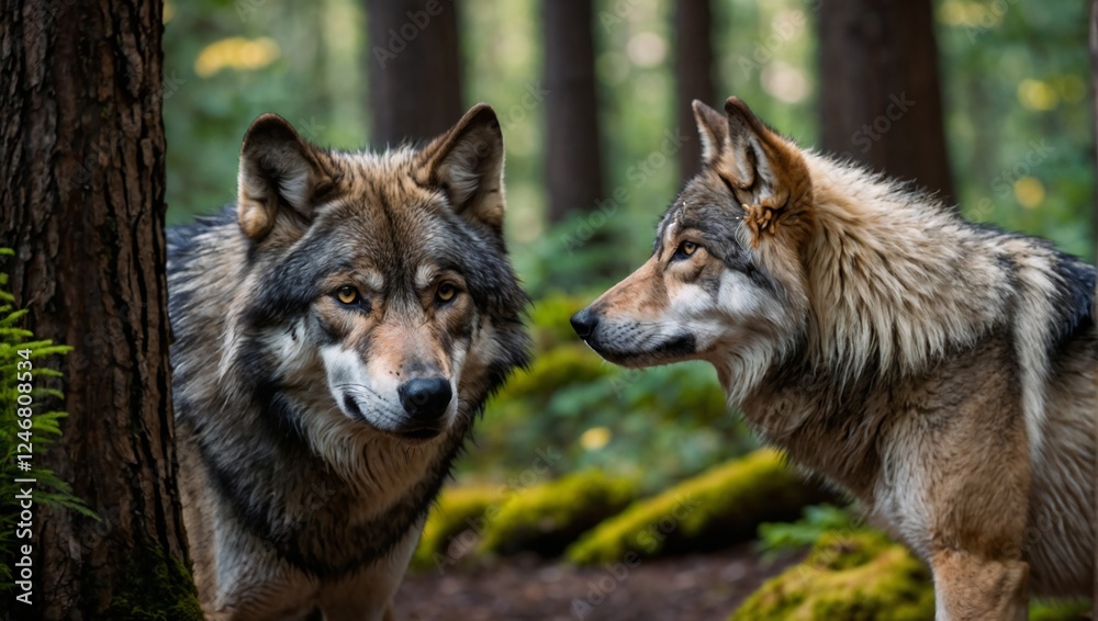 Fototapeta premium wolf standing on a forest path in close-up