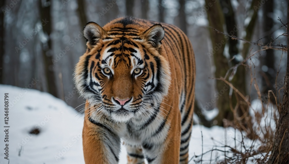 Fototapeta premium Usuri tiger standing on a forest path in winter close-up