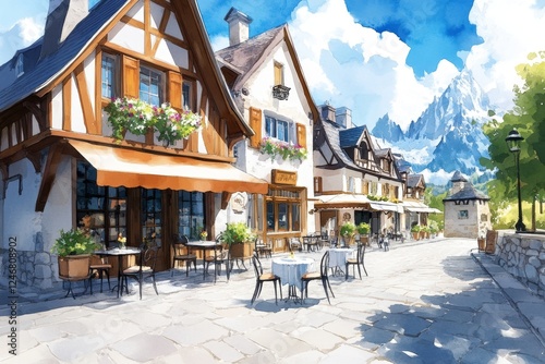 A delicate watercolor illustration of a European street lined with historical buildings and cobblestone roads