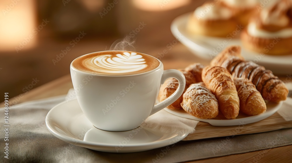 Cappuccino with Latte Art and Croissants on a Wooden Table Cappuccino with Latte Art and Croissants on a Wooden Table
