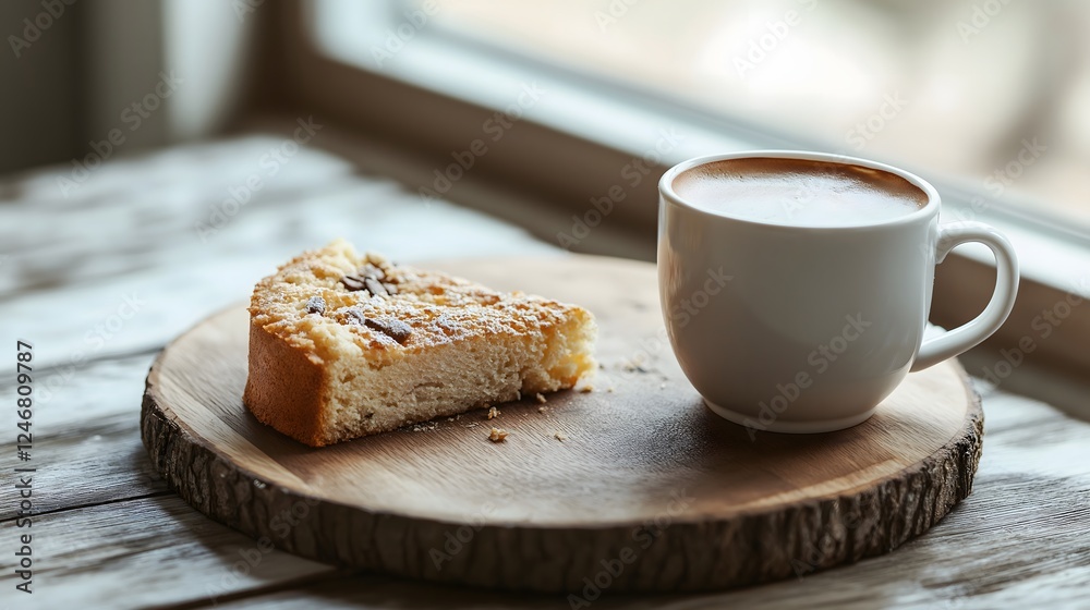 Slice of Crumble Cake and Coffee Cup on Wooden Board by Window Light Slice of Crumble Cake and Coffee Cup on Wooden Board by Window Light