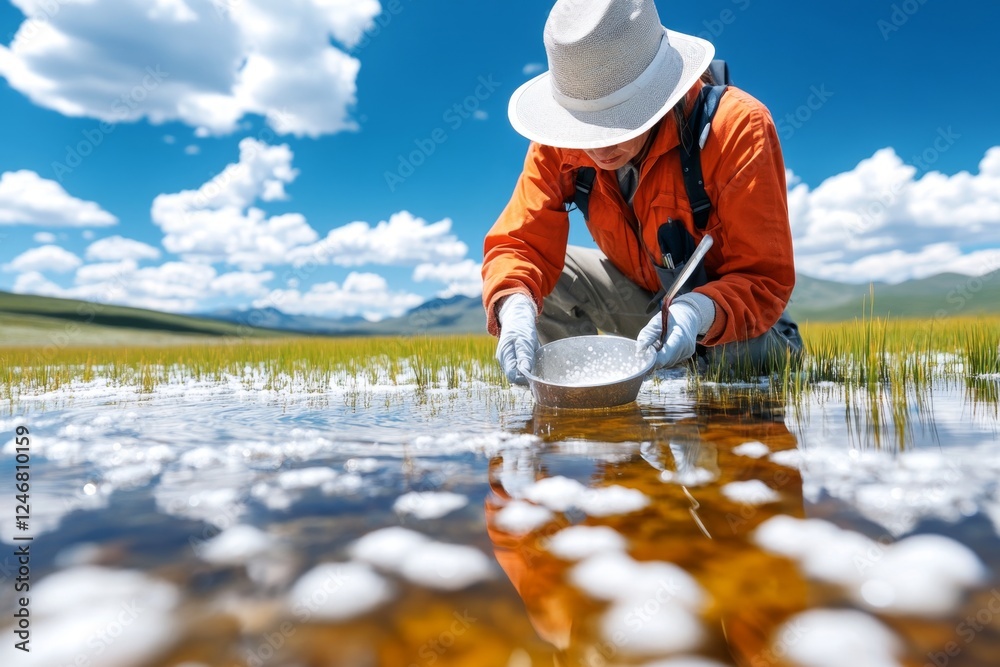 A scientist measuring the water level of a shrinking lake due to climate change A scientist measuring the water level of a shrinking lake due to climate change
