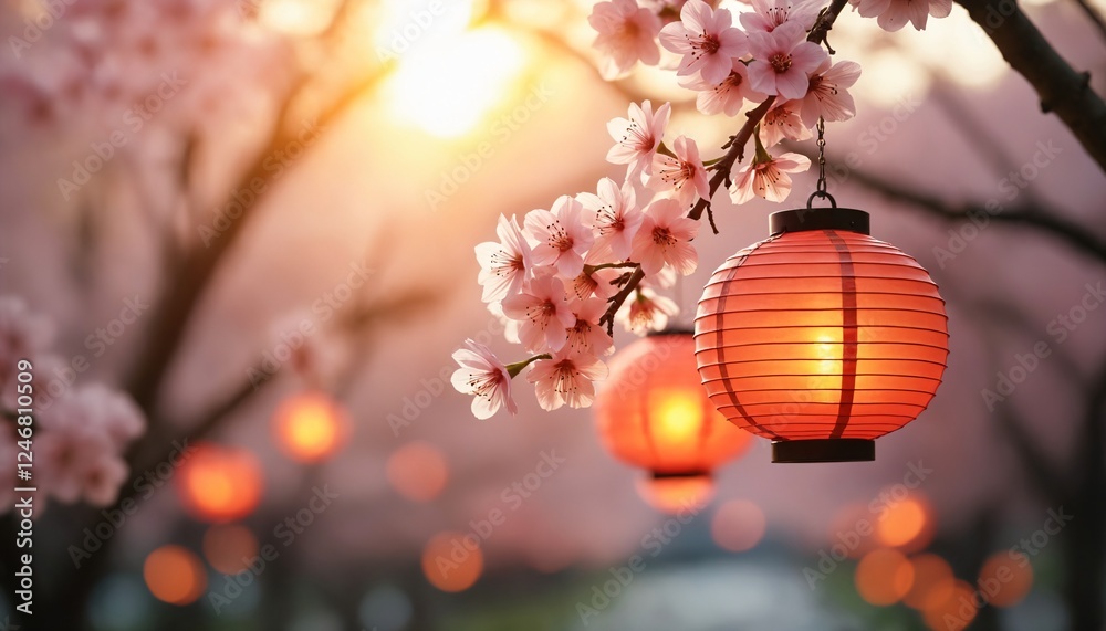Fototapeta premium Glowing red lanterns among cherry blossoms at sunset in spring.