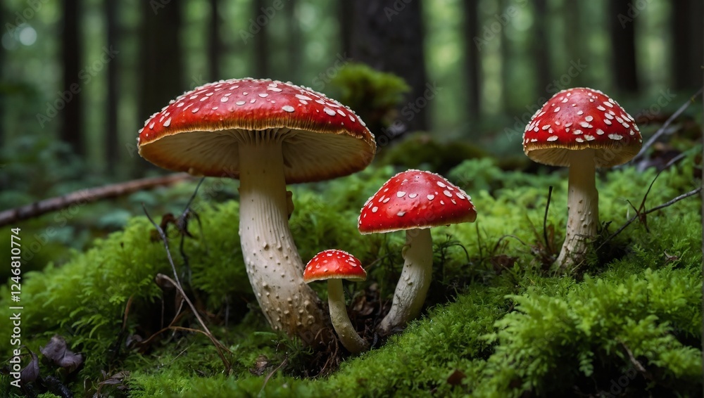 Fototapeta premium fly agaric on moss-covered forest floor