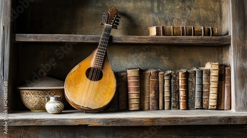 Beautiful old lute and antique books on a rustic old wooden shelf. 