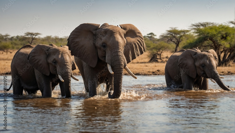 Fototapeta premium a herd of African elephants bathing in a savannah river