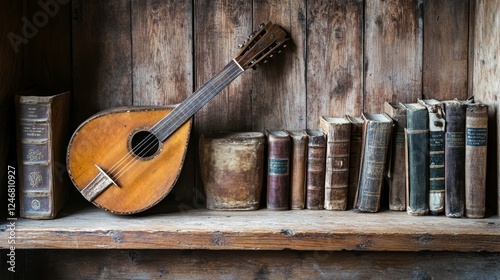 Beautiful old lute and antique books on a rustic old wooden shelf. 
