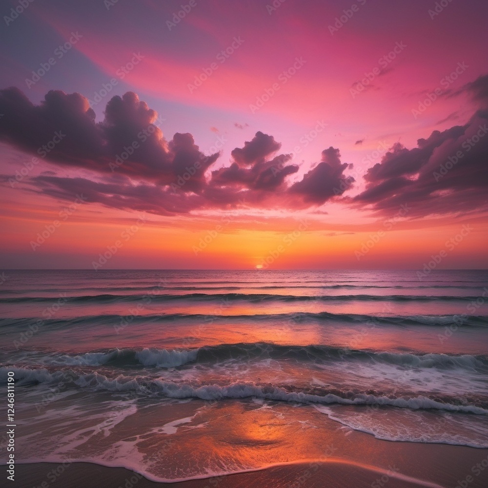 Fototapeta premium A serene sunset over a calm ocean with vibrant hues of pink and orange