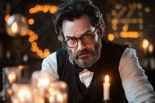A shadowy mathematician in a candle-lit room, deciphering forbidden statistical formulas