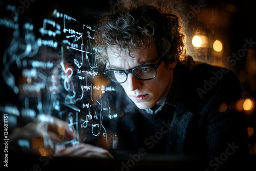 A shadowy mathematician in a candle-lit room, deciphering forbidden statistical formulas