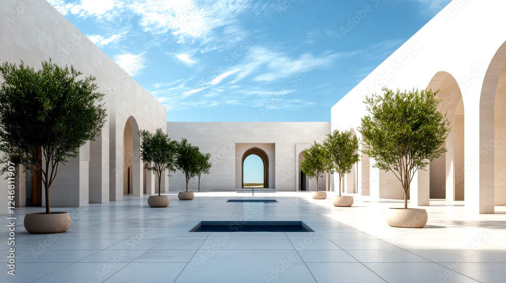 Obraz premium A serene courtyard with white architecture, greenery, and archways under a bright blue sky, creating a tranquil and inviting atmosphere.