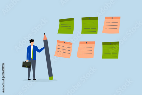 Category, businessman with pencil categorized sticky notes
