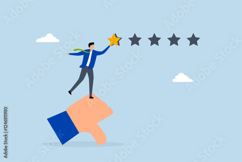 Negative feedback, unhappy man on thumb down giving bad review star