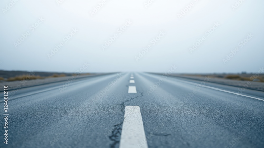 Fototapeta premium Asphalt road vanishing into a hazy horizon, suggesting a journey and open road ahead