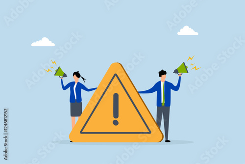 Important announcement, business individuals declare using a megaphone with an attention exclamation point 