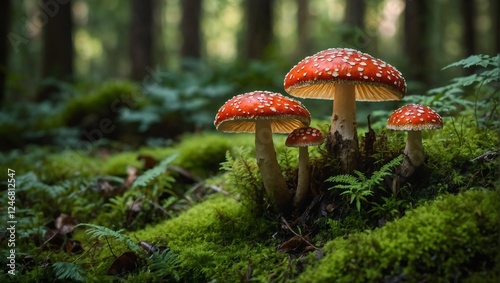 fly agaric on moss-covered forest floor