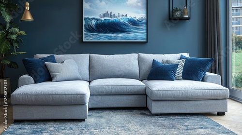 Modern grey sectional sofa, living room, ocean art photo