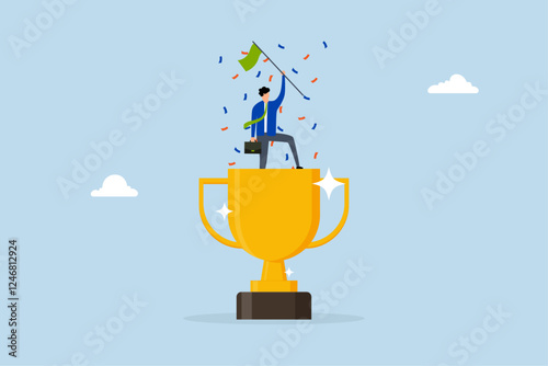 Victory, cheerful businessman winner raising flag on winning trophy
