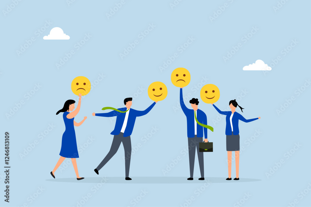 Employee morale, Entrepreneurial male and female partners displaying feelings of joy and sorrow Employee morale, Entrepreneurial male and female partners displaying feelings of joy and sorrow