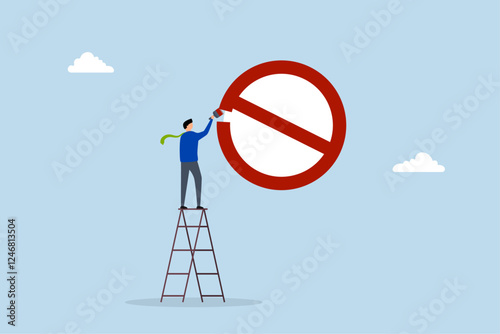 Prohibition, entrepreneur ascends ladder to apply prohibition symbol on the wall