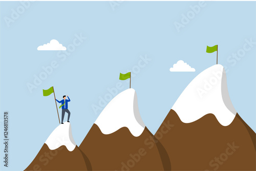 Ambition to success and achieve target, driven entrepreneur ascends mountain summit intending to reach greater goals