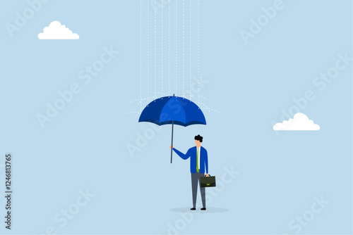 Dealing with bad luck, entrepreneur holding an umbrella to shield against the rainstorm