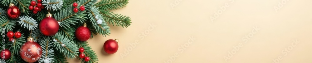 Snowy fir branches with ornaments and balls against beige background, holiday, garland