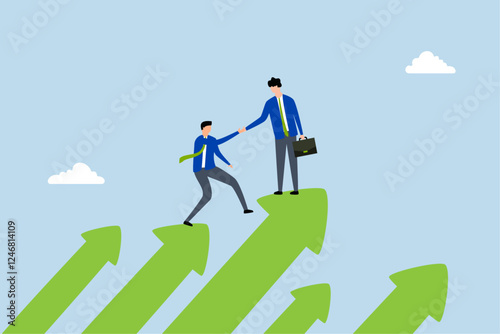 Business mentor, businessman coach assists colleague in ascending growth arrow graph