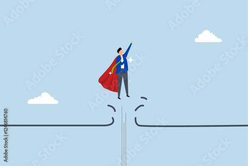 Breakthrough business barrier, powerful businessman superhero breaking barrier line