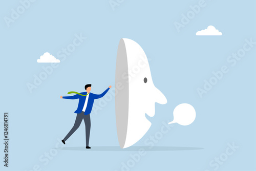 Dishonesty, deceitful entrepreneur concealing face behind mask feigning dishonesty 