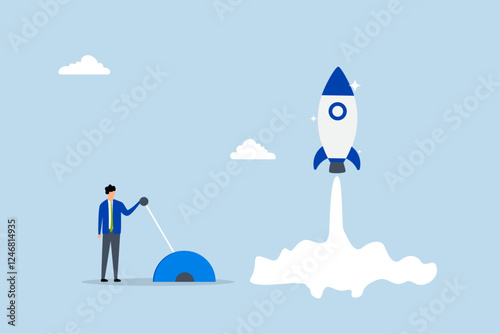 Start your own business, driven entrepreneur businessman activates lever to send rocket into the air 