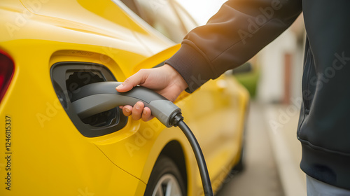 Person Charging a Bright Yellow Electric Car at Home, Focusing on Sustainable Transportation and Future Mobility Solutions